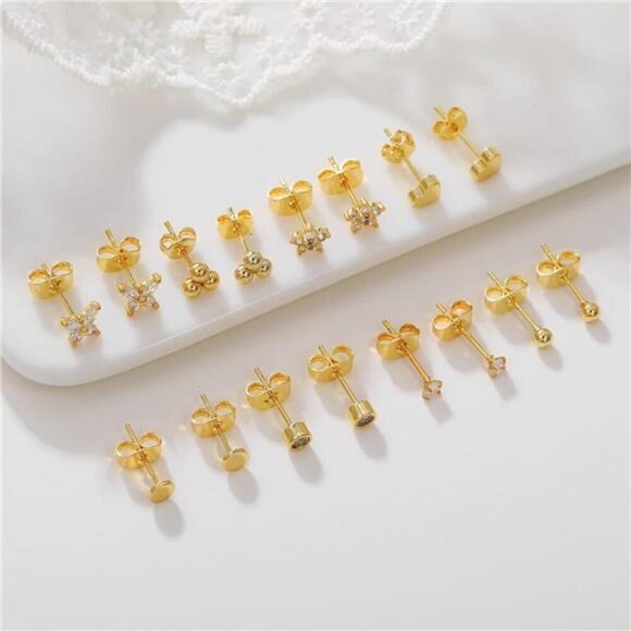 8-Pair Gold Stud Earring Set – Hearts, CZ, Balls Hypoallergenic Cubic Zirconia - Picture 5 of 5